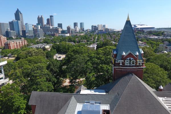 Georgia Tech Tower against the Atlanta skyline